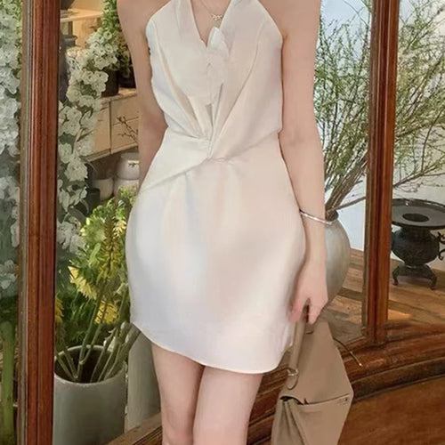 Solid Slimming Spliced 3D Flower Minimalist Dresses for Women Halter Sleeveless Patchwork Folds Dress Female New